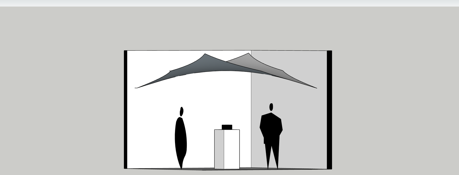 Elevation of the proposed installation: pale walls, a tensioned mesh canopy overhead, and a plinth at the centre.