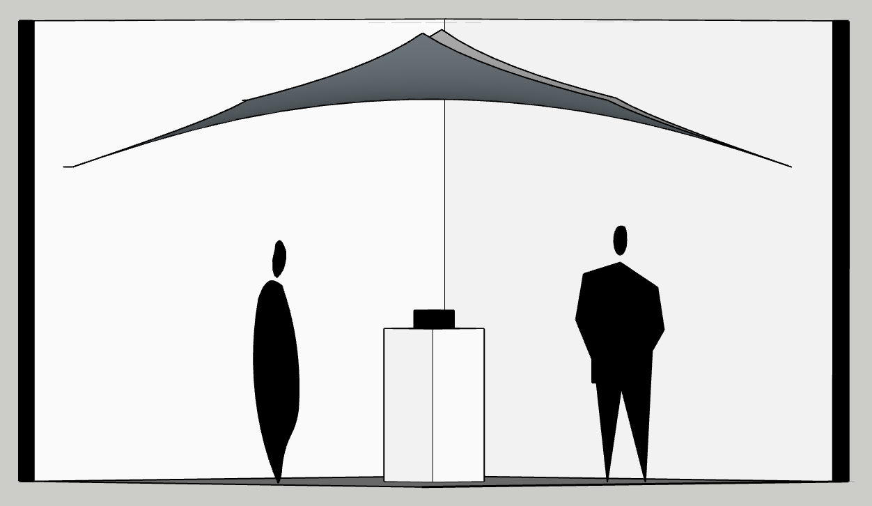 Straight-on elevation of the same room: the mesh canopy reads as a shallow peak spanning the full width, with the plinth centred beneath it and figures either side.