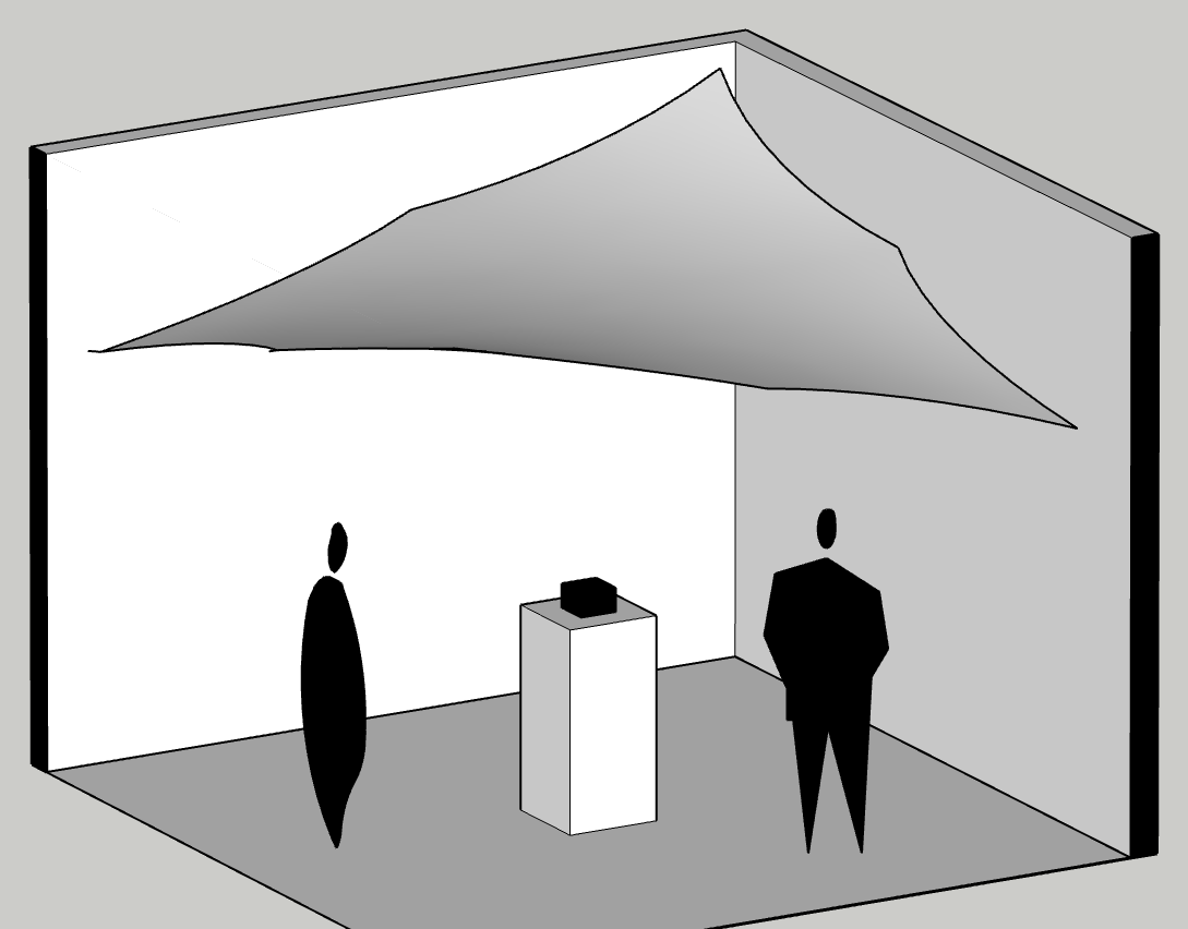 Isometric view of the room: two tall pale walls meeting in a corner, a large tensioned mesh canopy suspended across the upper volume, and a waist-high plinth at the centre carrying a small dark box, with two figures standing either side of it.