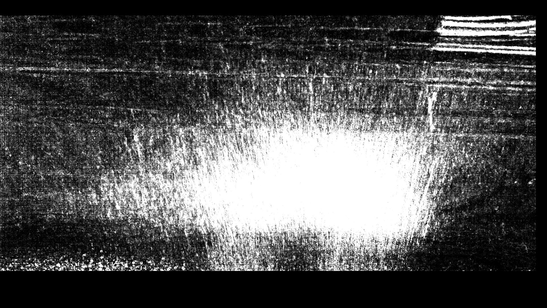 Maximum projection: all surviving pixels across the whole clip composited into one high-contrast black and white image.